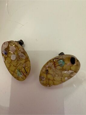 Vintage Resin Clip-On Earrings with Embedded Stones - Yellow